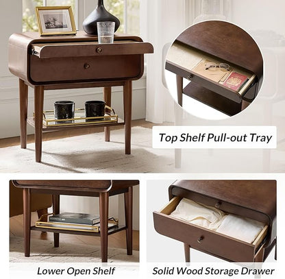 HULALA HOME Nightstand Set of 2 with Pull-Out Shelf, Mid Century Modern End Table with Storage Drawer, Charging Station, Solid Wood Legs, Walnut