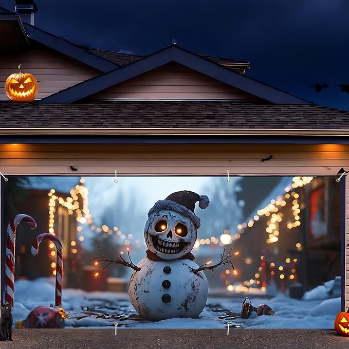 6 x 13 ft Halloween Garage Door Decorations Halloween decorations Witch Door Cover, Hanging Banner, Cauldron Backdrop Mural for Home, Outdoor, Indoor, Spooky Party, Wall, Window (Snowman)