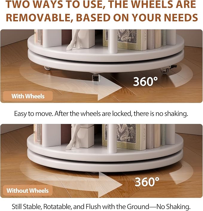 Solid Wood Rotating Bookshelf on Wheels, 4 Tier, Round Revolving Bookcase, 360° Spinning Book Shelf Tower for Kids, Narrow Rolling Bookshelves for Small Space, Corner, Bedroom, Office, White