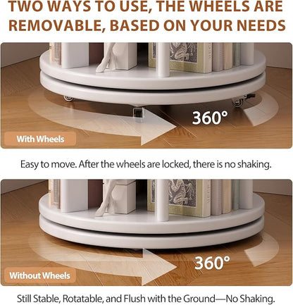 Solid Wood Rotating Bookshelf on Wheels, 4 Tier, Round Revolving Bookcase, 360° Spinning Book Shelf Tower for Kids, Narrow Rolling Bookshelves for Small Space, Corner, Bedroom, Office, White