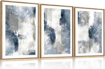 HOURIA Abstract Navy Blue Gray Framed Canvas Wall Art Set,Neutral White Brush Stroke Wall Decor,Minimalist Color Block Shapes Artwork,Modern Pastel Prints for Living Room,Bedroom,Farmhouse- 16"x24"x3