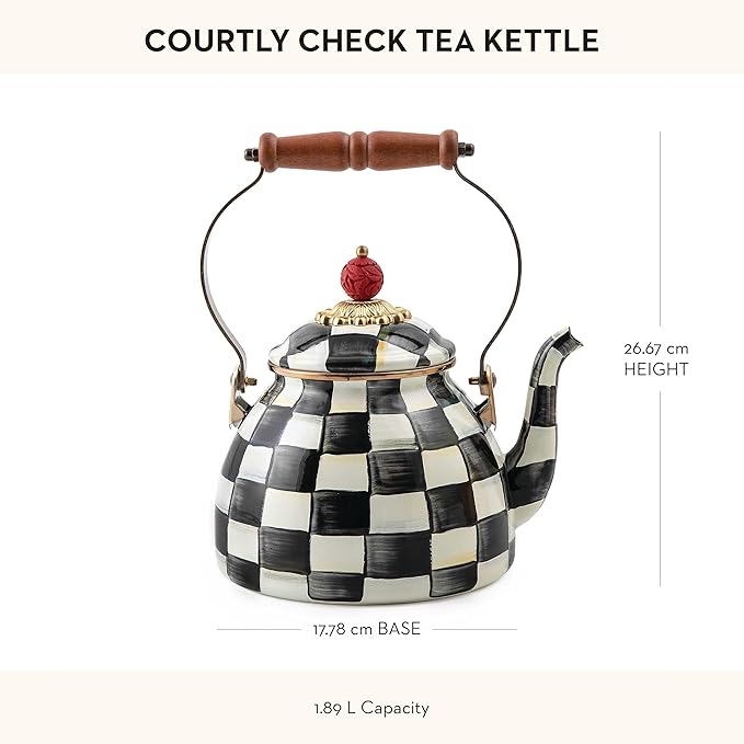 MACKENZIE-CHILDS Enamel Tea Kettle, Stylish Tea Kettle for Stovetop, Black-and-White Courtly Check, 2 Quarts