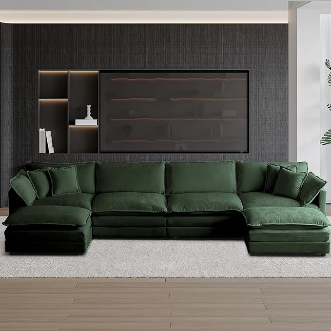 SoarFlash Chenille Sectional Sofa, Comfy L/U Shaped Modular Coush Sofa with Ottoman, Modern 4 Seat Couch Deep Seat Sofa Set for Living Room,Green