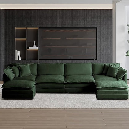 SoarFlash Chenille Sectional Sofa, Comfy L/U Shaped Modular Coush Sofa with Ottoman, Modern 4 Seat Couch Deep Seat Sofa Set for Living Room,Green