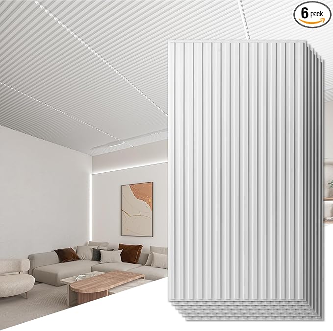 Art3d 6-Pack Slat Design 3D Wall Panels for Interior Wall Decor, 2x4 FT PVC Decorative Drop Ceiling Tiles - White