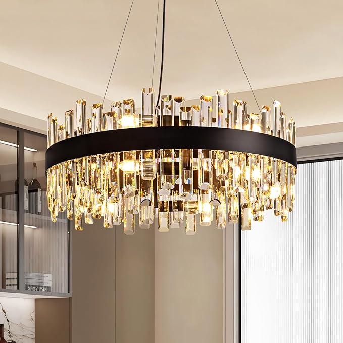 Siljoy 23.6'' Modern Crystal Chandelier, Luxury 2-Tiers Raindrop K9 Crystal Adjustable Flush Mount Hanging Ceiling Light for Dining Living Room Kitchen Entryway Foyer, E12 x 12, Matte Black