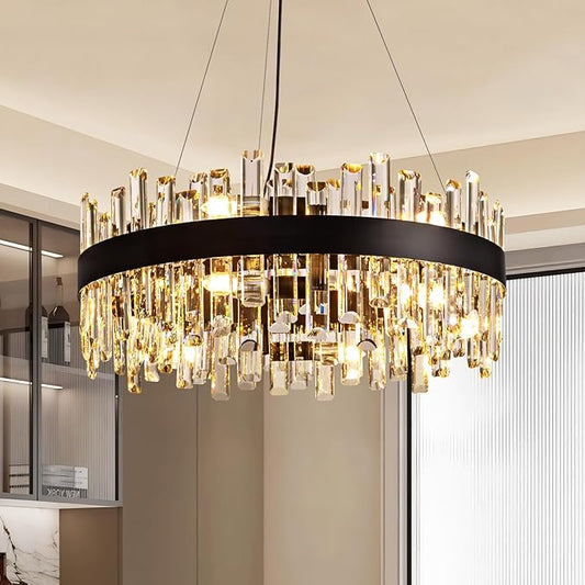 Siljoy 23.6'' Modern Crystal Chandelier, Luxury 2-Tiers Raindrop K9 Crystal Adjustable Flush Mount Hanging Ceiling Light for Dining Living Room Kitchen Entryway Foyer, E12 x 12, Matte Black