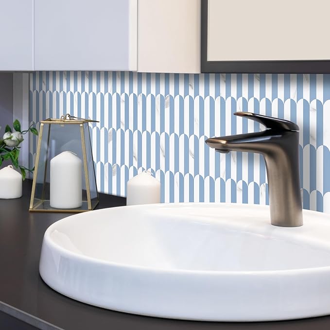 Vamos Tile Peel and Stick Backsplash Seamless Tile,10-Sheets Stick on Backsplash for Kitchen and Bathroom,Light Blue and Statury White PVC Self Adhesive Mosaic Tiles
