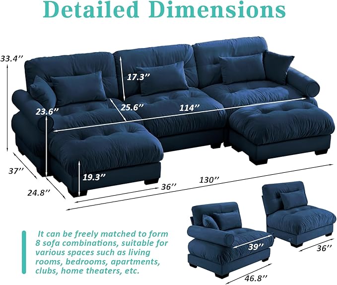 SoarFlash Sectional Sofa Couch, U Shaped Modern Sofa with Solid Wood Legs, Couches Sofas for Living Room Apartment, Comfortable Small Couches for Apartment, Blue