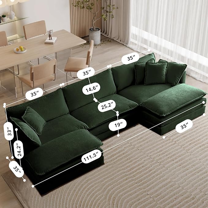 SoarFlash Chenille Sectional Sofa, Comfy L Shaped Modular Coush Sofa with Ottoman, Modern 3 Seat Couch Deep Seat Sofa Set for Living Room,Green