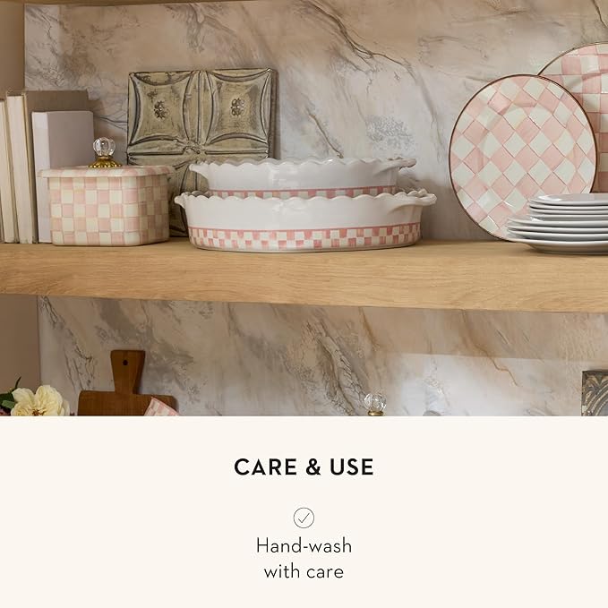 MACKENZIE-CHILDS Everyday Oval Casserole Baker, Cute Oven Baker, Medium, Pink-and-White Rosy Check