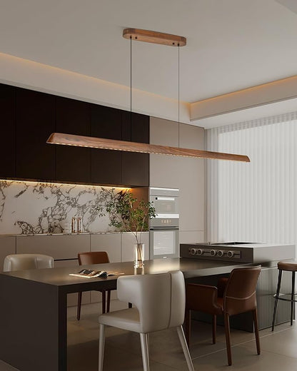 71" Wood Linear Pendant Light, Dimmable Kitchen Island Lighting with Remote, 30W LED Island Lights for Kitchen, Adjustable Linear Chandelier for Dinning Room Light Fixture, Bar, Pool Table - Walnut