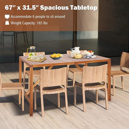 Tangkula Outdoor Rectangle Dining Table, Acacia Wood Table with 2 Inch Umbrella Hole, Spacious Slatted Tabletop for 6 Person, Indoor Outdoor Table for Backyard, Dining Room