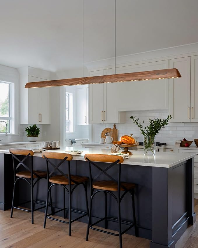 59" Wood Linear Pendant Light, Dimmable Kitchen Island Lighting with Remote, 30W LED Island Lights for Kitchen, Adjustable Linear Chandelier for Dinning Room Light Fixture, Bar, Pool Table Light