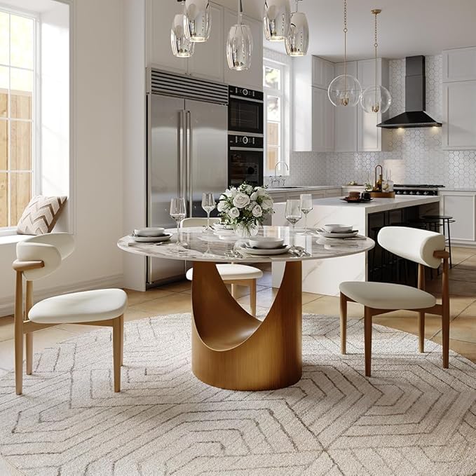 POVISON Round Pandora Dining Table for 4, 47" Sintered Stone Tabletop Dining Table with Bronze Carbon Steel Pedestal (Table Only)