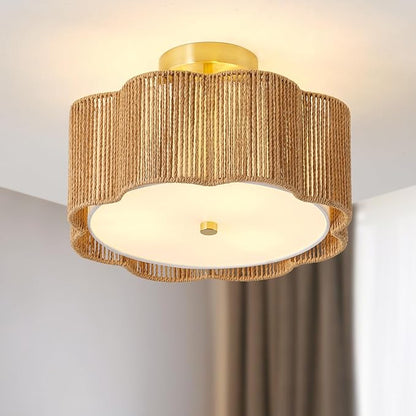 Rattan Ceiling Light Fixtures Flush Mount,3-Light Boho Light Fixtures Ceiling Mount for Bedroom,Close to Ceiling Light Modern Rattan Chandelier Lighting for Hallway Kitchen Dining Room(Yellow)