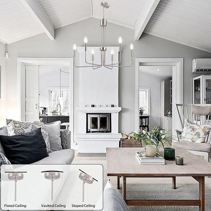 6 Lights Brushed Nickel Chandeliers for Dining Room - Modern Farmhouse Chandelier for Entryway Foyer Rustic Industrial - Dining Light Fixture High Ceiling for Bedroom Kitchen Vintage Silver