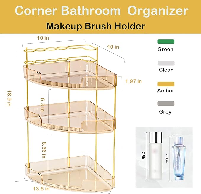 FELIZHOUSE 3-Tier Corner Bathroom Counter Organizer, Bathroom Countertop Shelf Makeup & Skincare Storage with Brush Holder for Vanity, Dresser, Kitchen - Amber