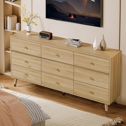 9 Drawer Dresser 63" Wide Mid Century Modern Chest of Drawers, Wood