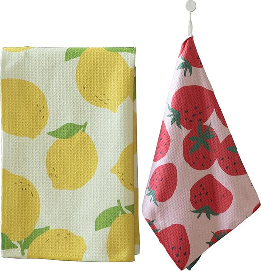 DIBALA Dish Towels Set of 2 Quick Dry Microfiber Kitchen Towels with Hanging Loop, Strawberry Lemon