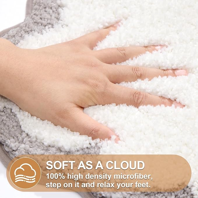 ORTIGIA Long Cute Scalloped Bathroom Rugs Runner, Fun White and Gray Plush Microfiber Scallop Bath Mats Non Slip Washable Quick Dry Absorbent, Rug for Bathtub Sink Laundry Room Bedroom, 17x47