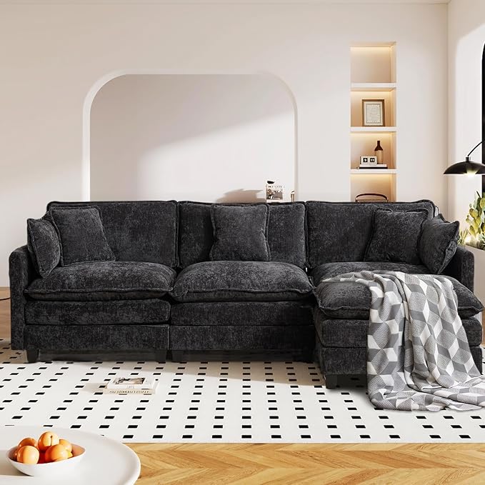 SoarFlash 107.4" Chenille Sectional Sofa, Comfy L Shaped Modular Coush Sofa with Ottoman, Modern 4 Seat Couch Deep Seat Sofa Set for Living Room,Black