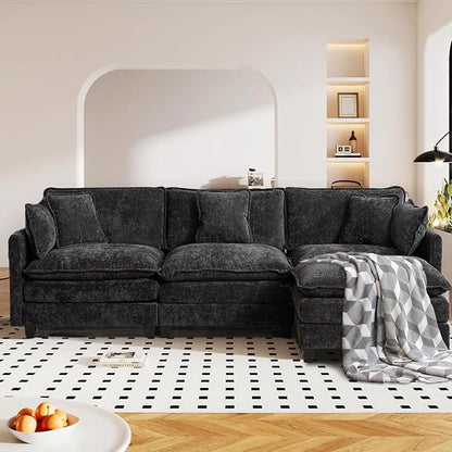 SoarFlash 107.4" Chenille Sectional Sofa, Comfy L Shaped Modular Coush Sofa with Ottoman, Modern 4 Seat Couch Deep Seat Sofa Set for Living Room,Black