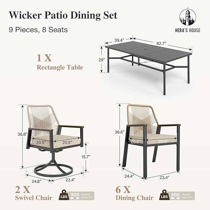HERA'S HOUSE 9 Piece Modern Outdoor Dining Set, Patio Table and Chairs for 8, 2 x Cushioned Swivel Chairs and 6 x Fixed Chairs, 83" Large Rectangle Dining Table