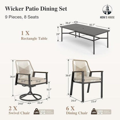 HERA'S HOUSE 9 Piece Modern Outdoor Dining Set, Patio Table and Chairs for 8, 2 x Cushioned Swivel Chairs and 6 x Fixed Chairs, 83" Large Rectangle Dining Table