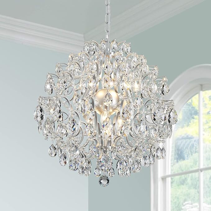 Bestier Silver Modern Pendant Chandelier Crystal Raindrop Lighting Ceiling Light Fixture Lamp for Dining Room Bathroom Bedroom Livingroom 6 E12 Bulbs Required D19 in x H21 in