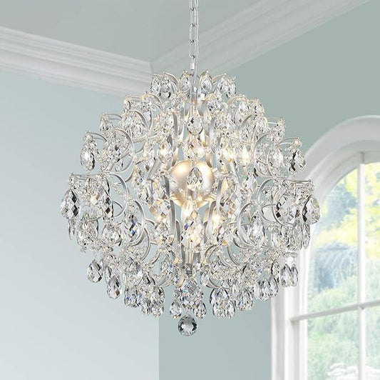 Bestier Silver Modern Pendant Chandelier Crystal Raindrop Lighting Ceiling Light Fixture Lamp for Dining Room Bathroom Bedroom Livingroom 6 E12 Bulbs Required D19 in x H21 in