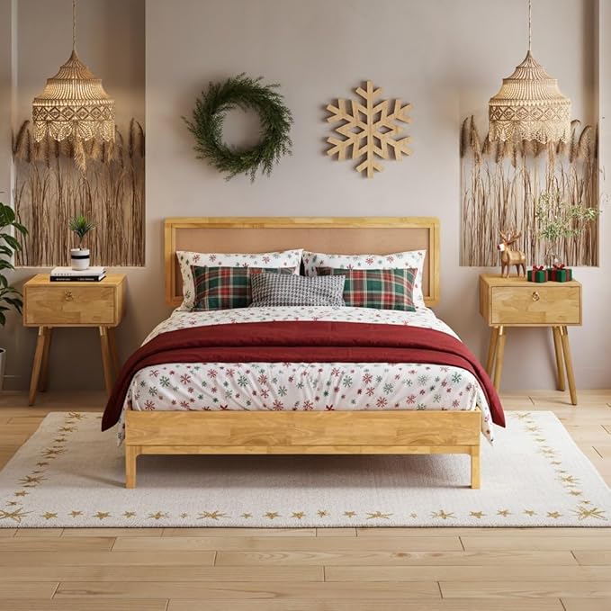 Bme Nipe Bed Frame with Headboard, Bohemian and Mid-Century Modern Style, Solid Rubber Wood Platform Bed with Slat Support, No Box Spring Needed, Easy Assembly, Queen - Light Natural