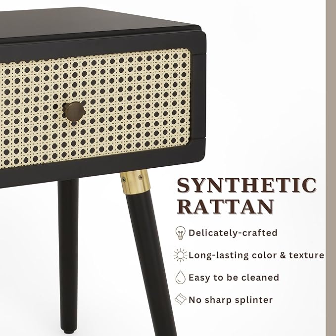 Bme Nipe Black Solid Wood Rattan Woven Cane End Table Bedside Table for Modern Bedroom Boho Living Room