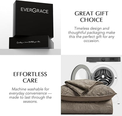 EVERGRACE Luxury Pearl Velvet Quilt Set King Size 3 Pieces, Soft Paisley-Stitch Velvet Comforter Set with Pillow Shams, Lightweight Bedspread Coverlet Bedding Set, Stone Taupe