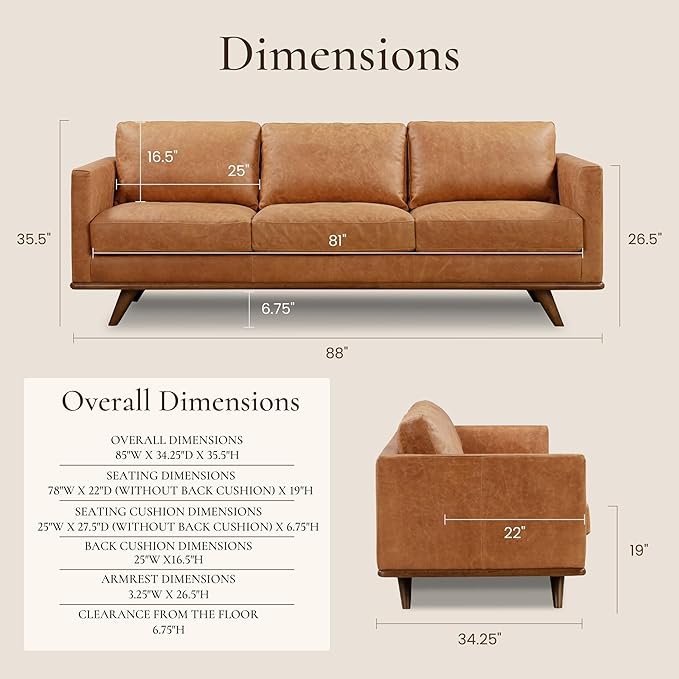 Poly & Bark Nolita Leather Couch - 85-Inch Sofa - Full-Grain Leather Sofa for Living Room with Feather-Down Topper - Living Room Couch - Pure-Aniline Vintage Italian Leather in Cognac Tan