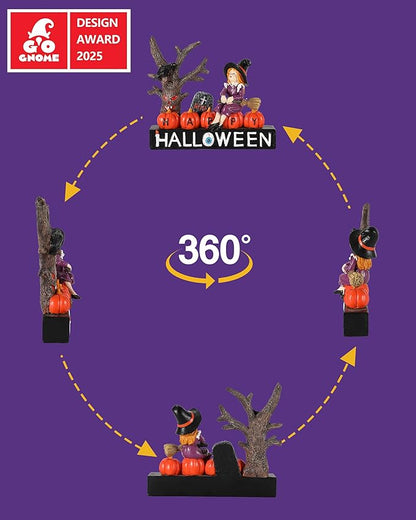 Halloween Decorations Indoor 7.8'' Resin Monsters - Witch Pumpkins Black Crow Spooky Tree R.I.P Graveyard Tombstones with Decorative Happy Halloween Sign Figurines (Witch)