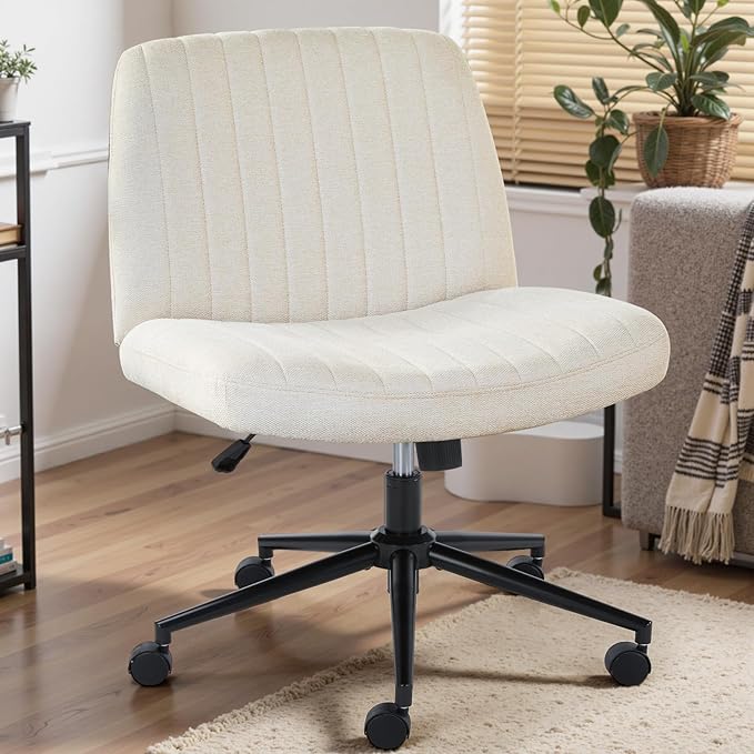 DUMOS Criss Cross Chair with Wheels, Wide Cross Legged Desk Vanity Chairs, Fabric Armless Adjustable Swivel Chairs for Home Computer Task, Beige