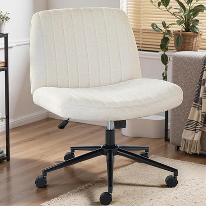 DUMOS Criss Cross Chair with Wheels, Wide Cross Legged Desk Vanity Chairs, Fabric Armless Adjustable Swivel Chairs for Home Computer Task, Beige