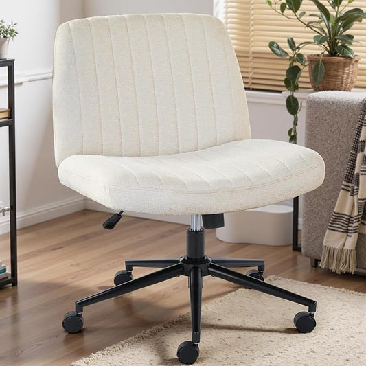 DUMOS Criss Cross Chair with Wheels, Wide Cross Legged Desk Vanity Chairs, Fabric Armless Adjustable Swivel Chairs for Home Computer Task, Beige