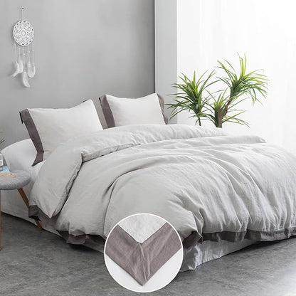 Simple&Opulence 100% Linen Duvet Cover Set with Washed French Flax-Full Size(78"x 86")- 3 Pieces (1 Comforter Cover,2 Pillowshams) Basic Border Design Premium Bedding Set Breathable,Grey and Brown