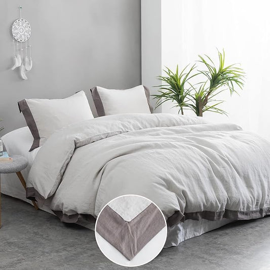 Simple&Opulence 100% Linen Duvet Cover Set with Washed French Flax-Full Size(78"x 86")- 3 Pieces (1 Comforter Cover,2 Pillowshams) Basic Border Design Premium Bedding Set Breathable,Grey and Brown