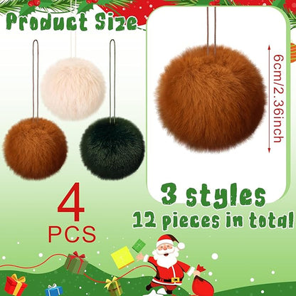 Gejoy 12 Pcs Furry Christmas Ball Ornaments for Xmas Tree Green Brown White Christmas Hanging Decorations Soft Faux Fur Pom Pom Ball Ornaments for Party Supplies Fireplace Mantel Home Wall Decor