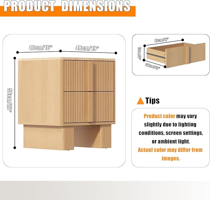 Fluted Night Stand Set 2 with Charging Station, 22" Tall END Table with 2 Large Storage Drawers and 2 Widened Reinforced Legs, Modern Bedside Table for Bedroom, Living Room, Light Oak, 2