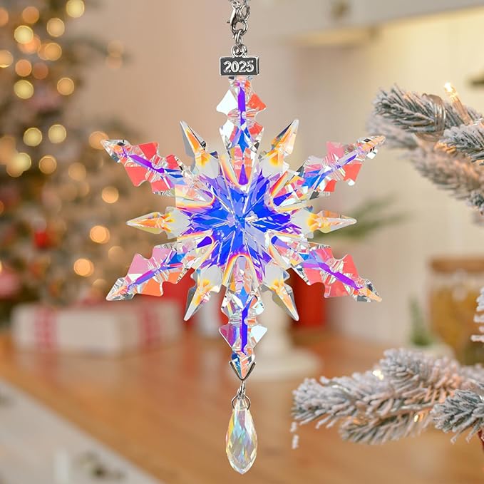 kockuu Christmas Crystal Snowflake Ornament Decoration, AB Color Crystal Snowflake Hanging Ornament for Tree with Tag 2025 Engraved for Winter Xmas Tree Keepsake Gifts Holiday Home Decor