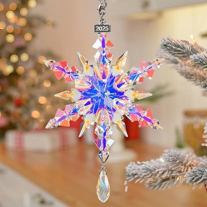 kockuu Christmas Crystal Snowflake Ornament Decoration, AB Color Crystal Snowflake Hanging Ornament for Tree with Tag 2025 Engraved for Winter Xmas Tree Keepsake Gifts Holiday Home Decor