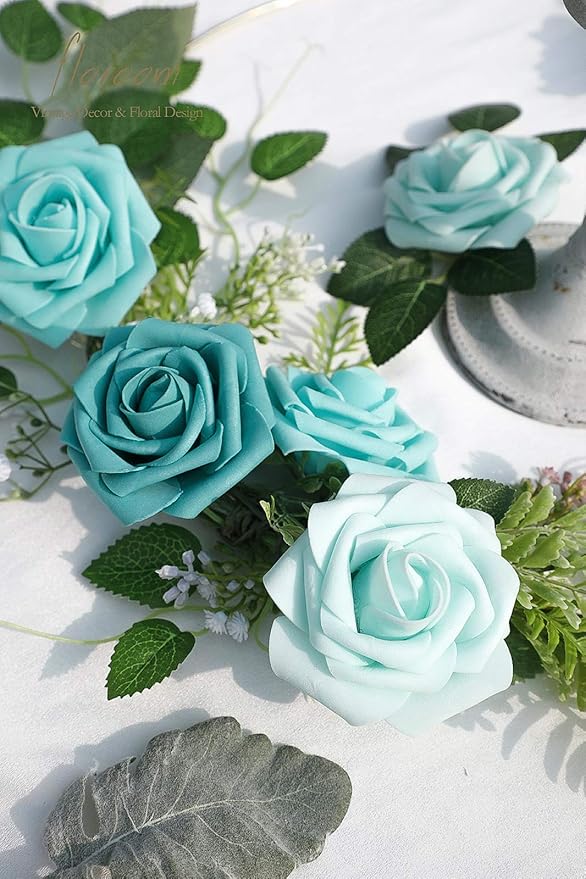 Floroom Artificial Flowers 25pcs Real Looking Green Ombre Colors Foam Fake Roses with Stems for DIY Wedding Bouquets Bridal Shower Centerpieces Floral Arrangements Party Tables Home Decorations