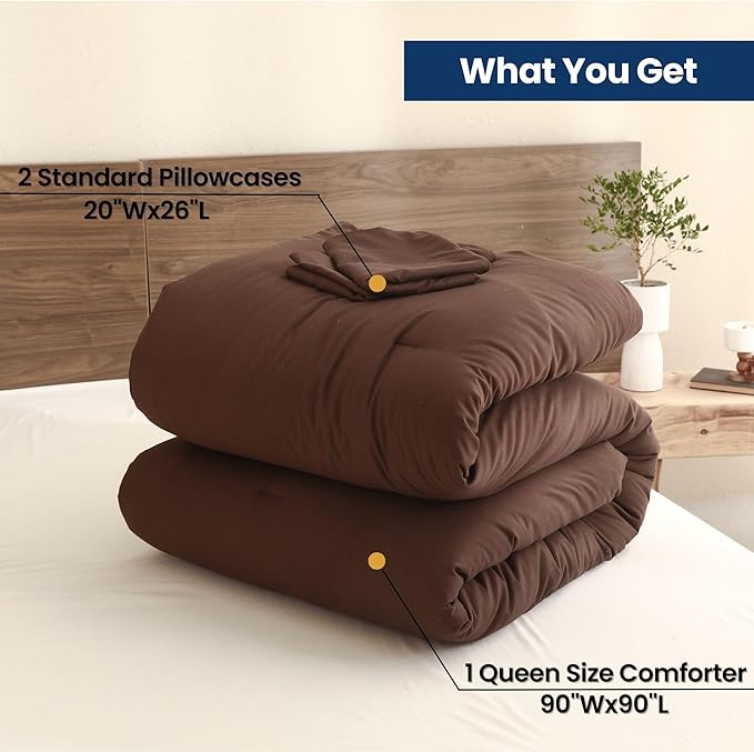 Paxrac Earthy Brown Comforter Queen Size, Neutral 3 Pieces Comforter Set, Lightweight Solid Bedding Set, All Seasons Soft Fluffy Queen Comforter Set (90x90In Comforter & 2 Pillowcases)