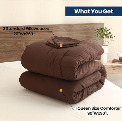 Paxrac Earthy Brown Comforter Queen Size, Neutral 3 Pieces Comforter Set, Lightweight Solid Bedding Set, All Seasons Soft Fluffy Queen Comforter Set (90x90In Comforter & 2 Pillowcases)