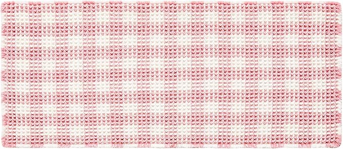 Waffle Runner Rug Bathroom, Long Boho Bathroom Rugs Non Slip Washable Absorbent Checkered Bathroom Mat Quick Dry Cute Bath Mat, 60"x24" Pink and White