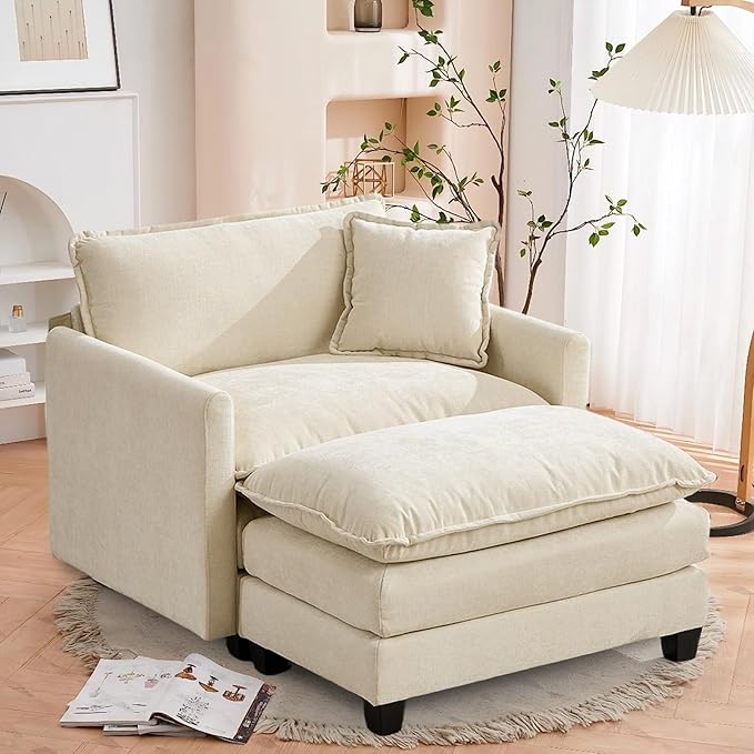 SoarFlash Chenille Sectional Sofa, Comfy Modular Single Sofa with Ottoman, Modern Recliner Deep Seat Sofa Set for Living Room,Beige